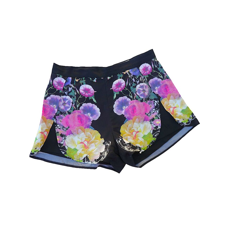 Rumor Boutique Colored Floral Tulip Slit Shorts Black Lined Zip Back Cheeky 10